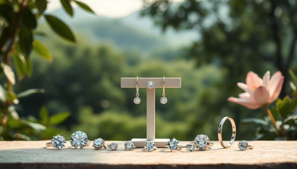 Upgrade Your Style With Lab Grown Diamonds Now 9 A meticulously crafted eco-friendly diamond capsule collection, set against a natural backdrop of lush greenery and soft lighting. In the foreground, a collection of delicate, lab-grown diamond pendants, rings, and earrings, each piece showcasing the brilliant sparkle and flawless clarity of these ethically-sourced gems. The middle ground features a sleek, minimalist display stand, accentuating the timeless elegance of the jewelry. In the background, a serene, verdant landscape with soft, diffused light filtering through, creating a calming, sustainable ambiance. The overall composition emphasizes the harmony between nature, modern design, and responsible luxury.
