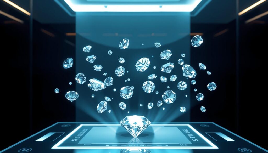 Upgrade Your Style With Lab Grown Diamonds Now 6 A sleek, modern digital shopping experience showcasing cultured diamonds. In the foreground, a holographic display presents a dazzling array of lab-grown gems, each facet refracting light in a captivating dance. The middle ground features a minimalist user interface, with clean lines and intuitive controls allowing seamless navigation through the selection. In the background, a dynamic 3D environment evokes a sense of technological sophistication, with subtle lighting and reflective surfaces enhancing the premium feel. The overall composition conveys a high-end, immersive shopping journey that celebrates the beauty and sustainability of cultured diamonds.