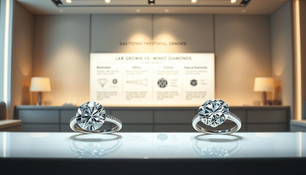 Upgrade Your Style With Lab Grown Diamonds Now 4 A well-lit display showcasing two diamond rings side-by-side, one a lab-grown diamond and the other a natural diamond. The foreground features the rings on a sleek, reflective surface, accentuating their sparkle and brilliance. The middle ground showcases informative text and graphics comparing the ethical and environmental benefits of lab-grown diamonds versus mined diamonds. The background depicts a minimalist, sophisticated setting, with soft lighting and understated decor, creating a refined, high-end atmosphere. The overall composition conveys a sense of informed choice, quality, and responsible luxury.