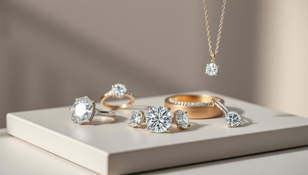 Upgrade Your Style With Lab Grown Diamonds Now 5 An elegant still life featuring a tasteful display of lab-grown diamond jewelry, set against a muted, minimalist background. Soft, diffused lighting illuminates the sparkling gems, highlighting their exceptional brilliance and fire. The composition includes a selection of rings, earrings, and a pendant, artfully arranged on a sleek, neutral-toned surface. The overall mood is one of understated sophistication, conveying the inherent value and sustainability of lab-grown diamonds as a budgetary-conscious choice for the modern, style-conscious consumer.