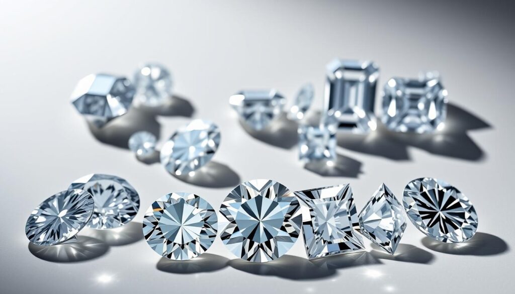 Upgrade Your Style With Lab Grown Diamonds Now 8 Synthetic diamonds comparison: high-quality lab-grown diamonds arranged in an elegant display, showcasing their clarity, cut, and brilliance. Dramatic studio lighting casts realistic shadows, highlighting the gems' exceptional sparkle. The foreground features several solitaire stones in varying shapes, with a central round brilliant cut diamond as the focal point. The middle ground includes a selection of princess, cushion, and emerald cut lab diamonds, positioned to emphasize their unique characteristics. The background subtly fades to a neutral, reflective surface, allowing the gemstones to be the sole focus of attention.