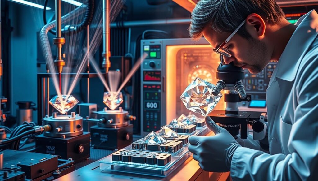 Upgrade Your Style With Lab Grown Diamonds Now 3 a detailed, photorealistic depiction of the lab-grown diamond creation process, showcasing the various stages and equipment involved. In the foreground, a scientist in a white lab coat carefully examines a partially formed diamond crystal under a high-powered microscope, the intricate lattice structure visible. In the middle ground, a series of specialized chemical vapor deposition chambers emit streams of ionized gases, the diamond seed substrates slowly growing layer by layer. In the background, a complex array of monitoring and control systems, with digital readouts and graphs charting the progress of the diamond growth. The overall scene should convey a sense of precision, scientific rigor, and the cutting-edge technology behind the creation of lab-grown diamonds.