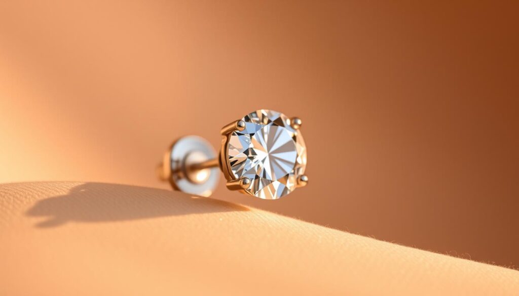 A close-up shot of a diamond stud earring against a soft, blurred background. The earring is placed on a luxurious velvet or satin surface, showcasing its brilliant facets and exceptional clarity. Warm, diffused lighting from the side creates subtle shadows, accentuating the earring's depth and three-dimensional form. The image should convey a sense of refined elegance and the allure of upgrading one's diamond studs, inviting the viewer to imagine the remarkable beauty and craftsmanship of a superior set of diamond earrings.
