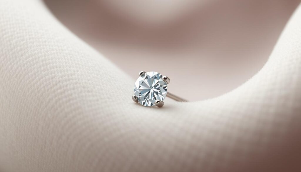 A close-up shot of a diamond stud earring on a soft, velvet background. The earring is centered in the frame, capturing its intricate, multi-faceted brilliance under soft, diffused lighting. The setting is simple and understated, allowing the diamond's captivating sparkle to take center stage. The overall mood is one of refined elegance and attention to detail, reflecting the care and maintenance required for these precious gemstones. Angle the shot to emphasize the delicate craftsmanship and timeless beauty of the diamond stud earring.