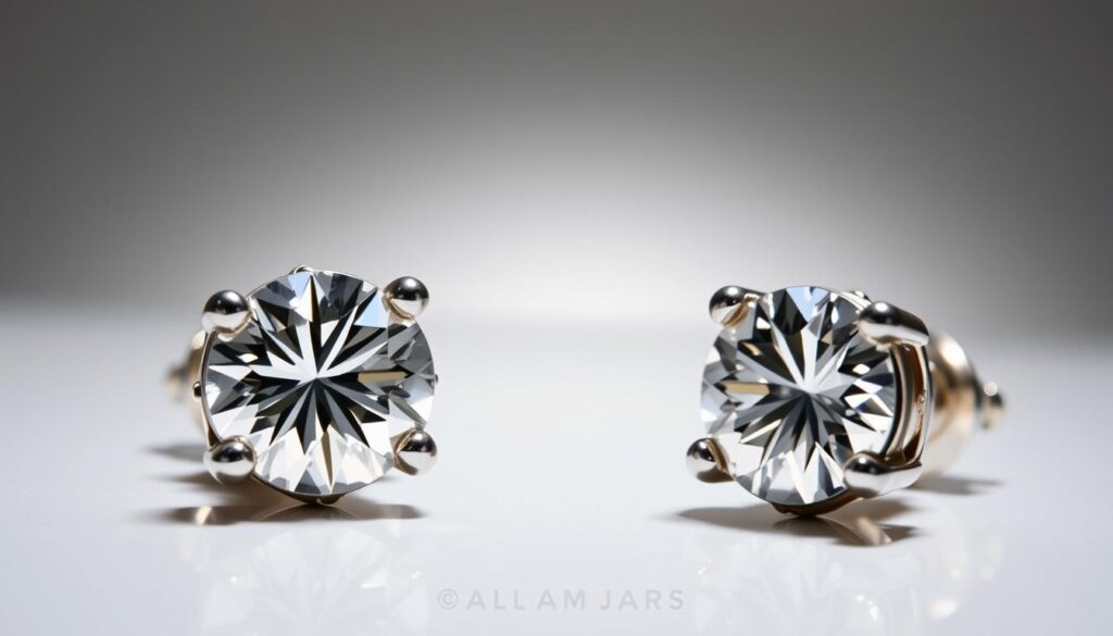 A close-up shot of diamond stud earrings showcasing their metal settings. The earrings are positioned on a reflective surface, capturing the brilliant sparkle of the diamonds. The foreground features the intricate metalwork, highlighting the unique designs and textures of the settings, which could be in various precious metals such as gold, silver, or platinum. The middle ground provides a simple, uncluttered background, allowing the earrings to be the central focus. The lighting is soft and directional, creating subtle shadows that accentuate the depth and dimensionality of the earrings. The overall mood is one of refined elegance and attention to detail, reflecting the craftsmanship and beauty of the diamond stud earrings.