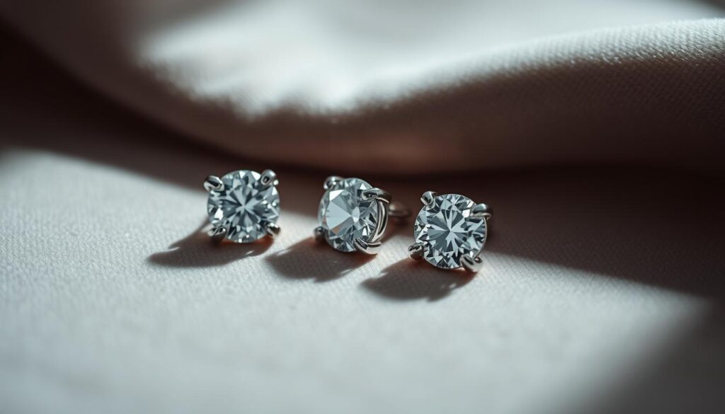 A diamond-encrusted stud earring set, meticulously crafted, rests on a plush velvet surface. Soft, directional lighting illuminates the facets, creating a mesmerizing sparkle. The earrings are arranged in a dynamic, asymmetric composition, conveying a sense of effortless elegance. Subtle shadows add depth, while a muted, sophisticated color palette evokes a sense of timeless refinement. The overall scene exudes a luxurious, high-end aesthetic, perfectly suited to showcasing the versatility and allure of diamond stud earrings for any occasion.
