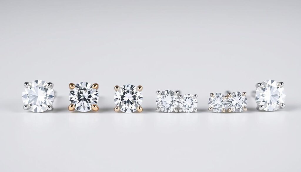 A meticulously crafted display of exquisite diamond stud earrings arranged against a sleek, minimalist backdrop. The earrings, captured in crisp, high-resolution detail, showcase a variety of cut, clarity, and carat options, inviting the viewer to closely examine and compare the nuances of each stunning gemstone. Soft, directional lighting accentuates the brilliance and fire of the diamonds, while a neutral color palette and clean, elegant composition ensure the focus remains solely on the captivating jewelry. The image conveys a sense of refined sophistication, guiding the viewer through the selection process with a visually striking and informative presentation.
