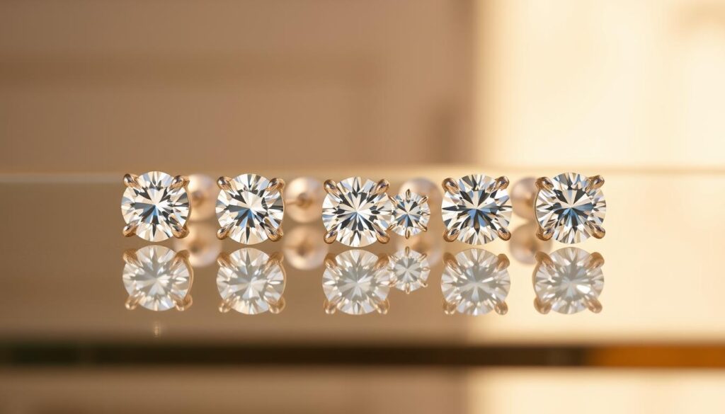 A meticulously curated collection of diamond stud earrings, arranged against a softly blurred background. The earrings glisten under natural lighting, showcasing their brilliant facets and purity. A glass display table reflects the delicate settings, creating an elegant, high-end ambiance. Warm, diffused shadows accentuate the three-dimensional form of each pair, inviting the viewer to imagine the earrings adorning the wearer's ears. The composition is balanced, with the earrings positioned centrally and harmoniously, conveying a sense of sophistication and refined taste.