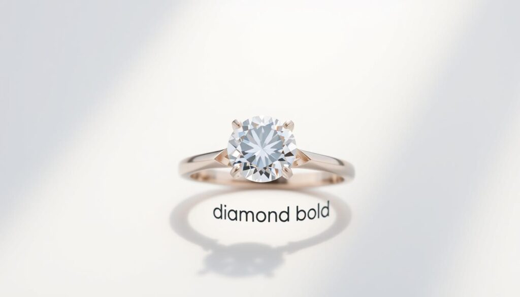 A simple yet elegant lab-grown diamond engagement ring, set against a clean, minimalist background. The ring's band features the "diamond bold" brand name, with the lab-grown diamond at the center catching the light and casting brilliant refractions. The overall composition emphasizes the ring's sleek design and ethical origins, reflecting the environmental benefits of lab-grown diamonds. Natural lighting casts a soft, warm glow, highlighting the ring's pristine clarity and brilliant sparkle. The image evokes a sense of modern sophistication and responsible luxury. A simple yet elegant lab-grown diamond engagement ring, set against a clean, minimalist background. The ring's band features the "diamond bold" brand name, with the lab-grown diamond at the center catching the light and casting brilliant refractions. The overall composition emphasizes the ring's sleek design and ethical origins, reflecting the environmental benefits of lab-grown diamonds. Natural lighting casts a soft, warm glow, highlighting the ring's pristine clarity and brilliant sparkle. The image evokes a sense of modern sophistication and responsible luxury.