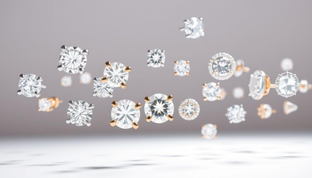 A sparkling array of diamond stud earring settings floating in an ethereal, well-lit studio space. The foreground features a close-up of various stud designs, from classic four-prong to ornate halo and bezel settings, each gem radiating brilliance. The middle ground showcases the versatility of these styles, with earrings in different shapes, sizes, and metal tones. The background recedes into a soft, diffused lighting, allowing the diamonds to truly shine. Captured with a shallow depth of field, the image emphasizes the intricate craftsmanship and mesmerizing beauty of these timeless jewelry pieces.