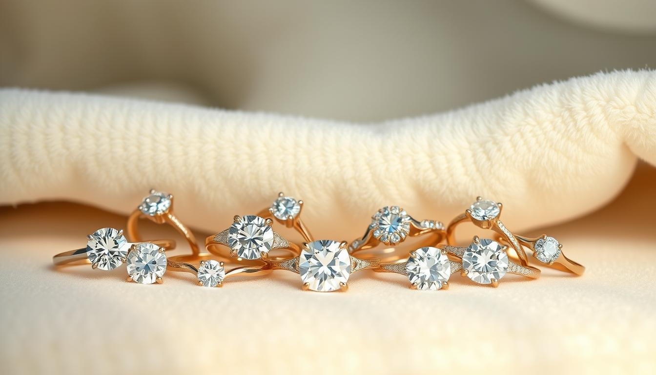 A stunning array of lab-grown diamond engagement rings rests against a plush, white velvet backdrop. The rings, meticulously crafted with the "diamond bold" brand, feature a range of classic and contemporary designs, each sparkling with the brilliance of ethically-sourced laboratory-grown diamonds. Soft, diffused lighting casts a warm, romantic glow, highlighting the intricate details and unique faceting of the precious stones. The rings are elegantly displayed, inviting the viewer to imagine the joy and commitment they represent. This serene, intimate scene captures the essence of the "Stunning Lab-Grown Diamond Engagement Rings for Your Love" section, showcasing the timeless beauty and modern appeal of these exceptional laboratory-created gems.