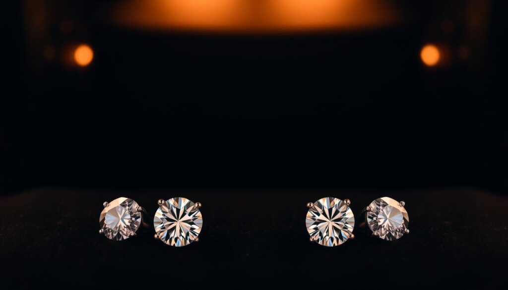 Elegant diamond stud earrings displayed on a luxurious black velvet surface, bathed in warm, soft lighting that accentuates their brilliant facets. In the foreground, the earrings are presented in an organized manner, allowing the viewer to closely examine their captivating sparkle and high-quality craftsmanship. The middle ground features a simple, minimalist background, drawing the eye directly to the exquisite jewelry. The overall mood is one of sophistication, exclusivity, and a sense of refined, timeless beauty - capturing the essence of the "Budgeting for Quality Diamond Studs" section of the article.