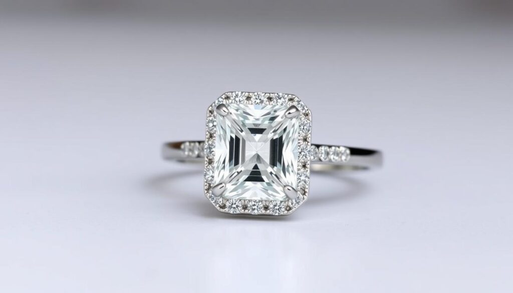 Generate an image of a radiant cut lab-grown diamond engagement ring with a halo setting. Generate an image of a radiant cut lab-grown diamond engagement ring with a halo setting.