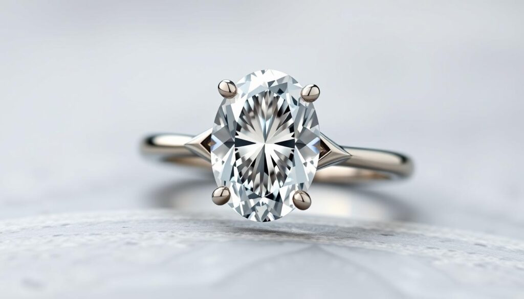 Generate an image of an oval lab-grown diamond engagement ring with a solitaire setting. Generate an image of an oval lab-grown diamond engagement ring with a solitaire setting.